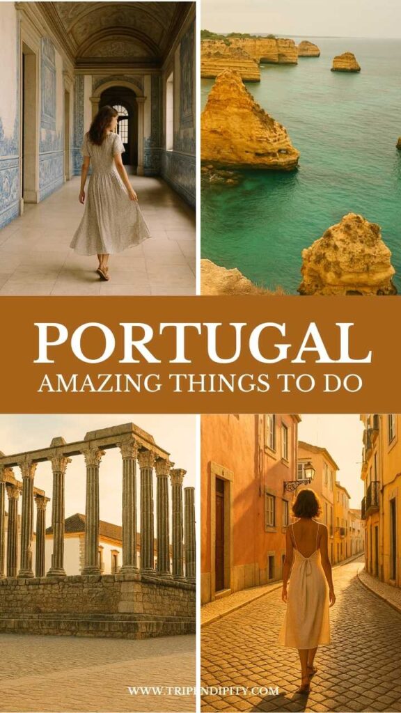 Collage of Portugal highlights — coastal cliffs, historic ruins, tiled palaces, and charming streets, perfect for a Portugal travel itinerary.