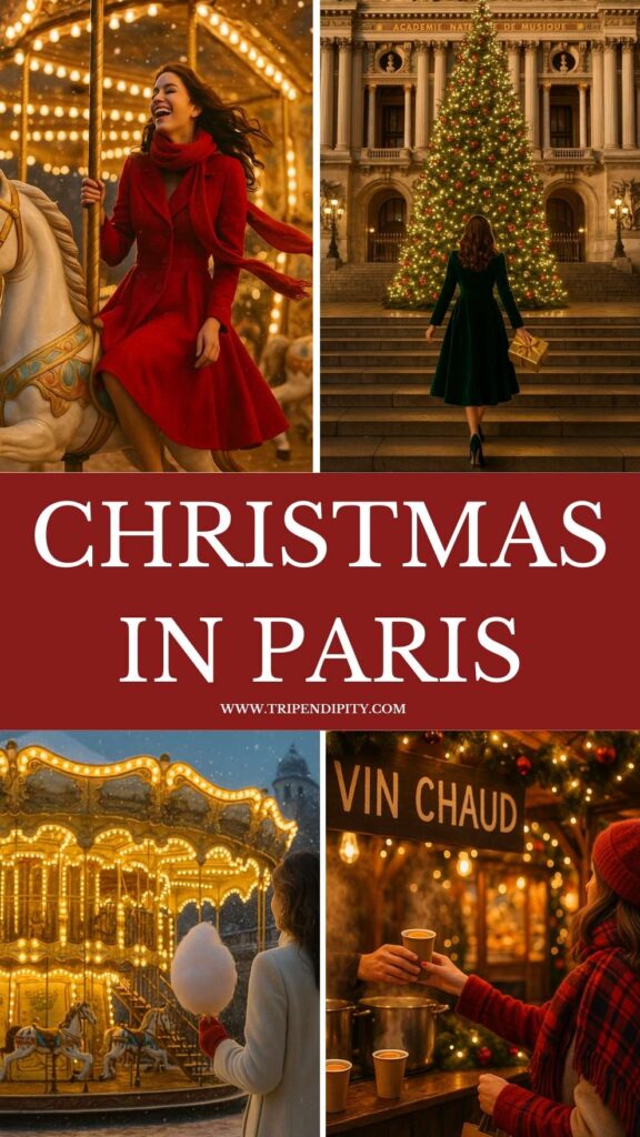 Collage of Christmas in Paris featuring Eiffel Tower lights, carousels, festive markets, and holiday joy, capturing the city’s magical winter charm.