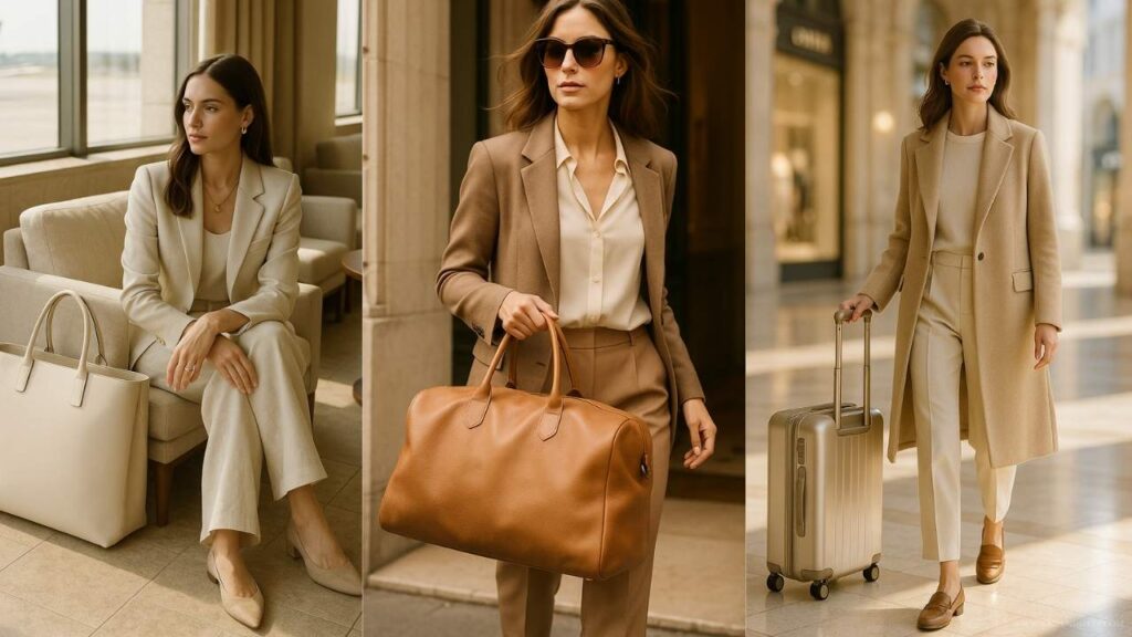 A chic woman in neutral-toned outfits showcasing elegant travel style. On the left, she sits in an airport lounge with a structured cream tote beside her. In the center, she walks confidently outdoors carrying a soft tan leather weekender bag with a tailored suit. On the right, she strolls through a sunlit terminal with a beige wool coat and a champagne-colored hard-shell carry-on. The scene conveys quiet luxury, timeless fashion, and sophisticated travel elegance.