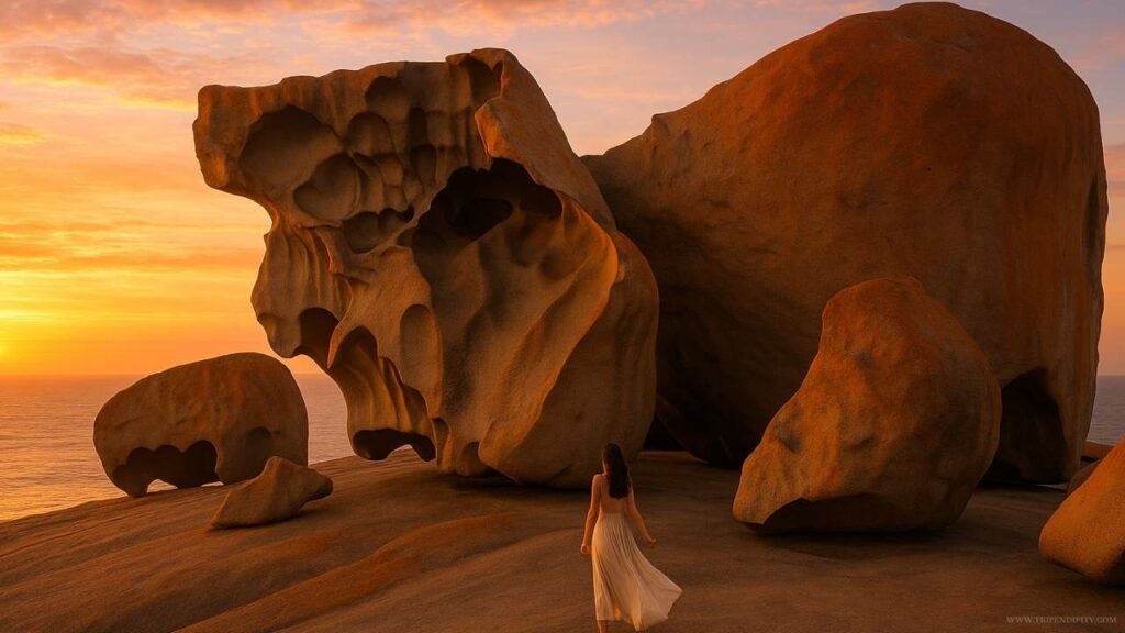 A woman in a flowy cream dress walks barefoot among the giant granite formations of Remarkable Rocks on Kangaroo Island, South Australia, at sunset, with the ocean glowing beneath an orange sky.