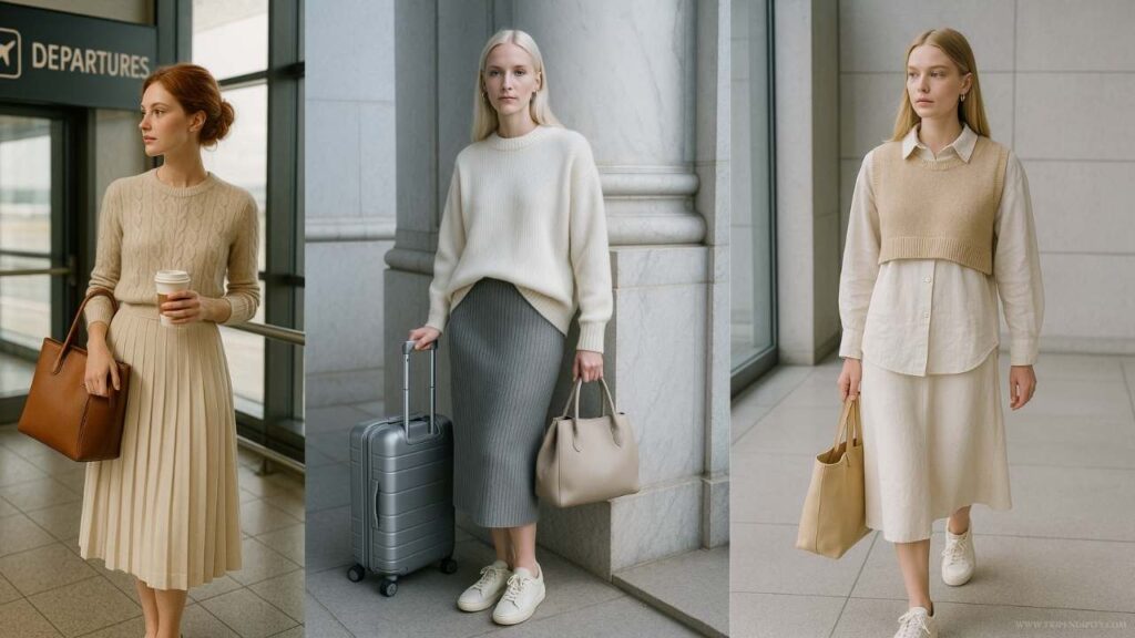 Three women in old money style airport outfits wearing neutral knitwear ensembles—cream and beige sweaters, ribbed skirts, pleated midi skirts, and structured leather totes—showcasing quiet luxury travel fashion in soft tones