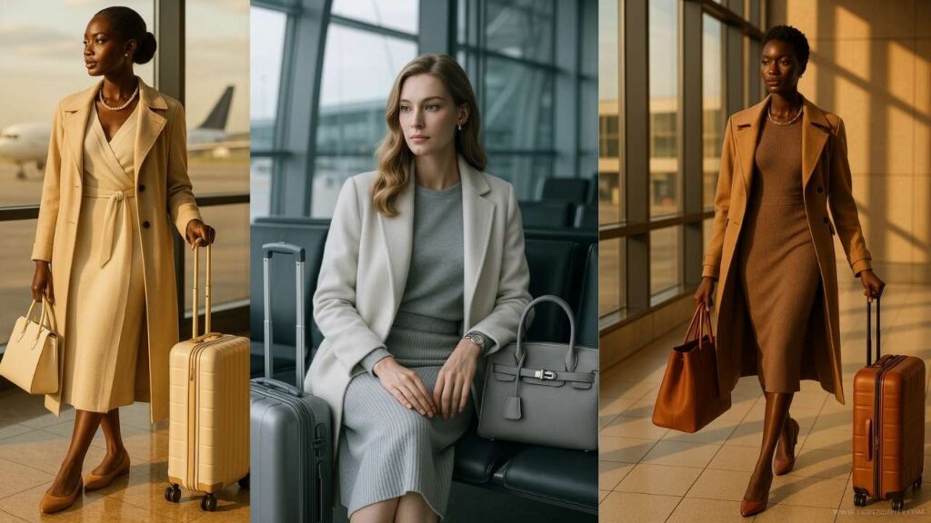 A collage of three women dressed in old money style travel capsule wardrobe looks, featuring tailored coats, knit dresses, and neutral handbags with coordinated luggage at the airport—embodying quiet luxury travel fashion.