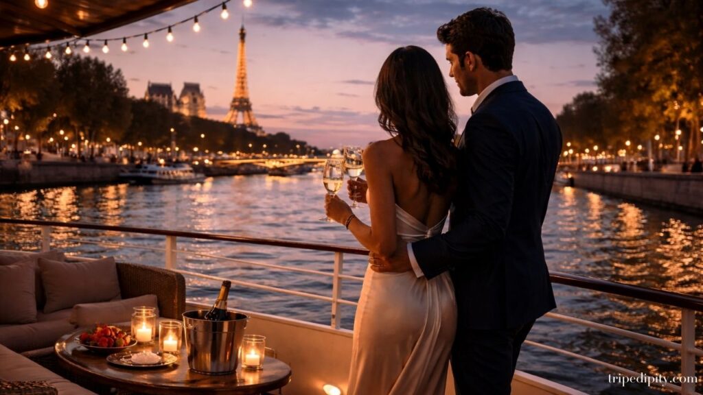 Couple holding champagne glasses on a romantic Seine river cruise at night with Eiffel Tower glowing in background and candlelit table on boat deck.