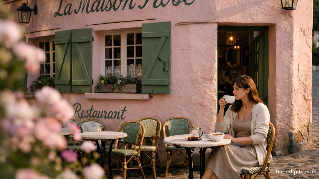 Woman enjoying coffee outside La Maison Rose café on Rue de l’Abreuvoir in Montmartre, Paris, with pink facade, green shutters, and romantic street atmosphere.