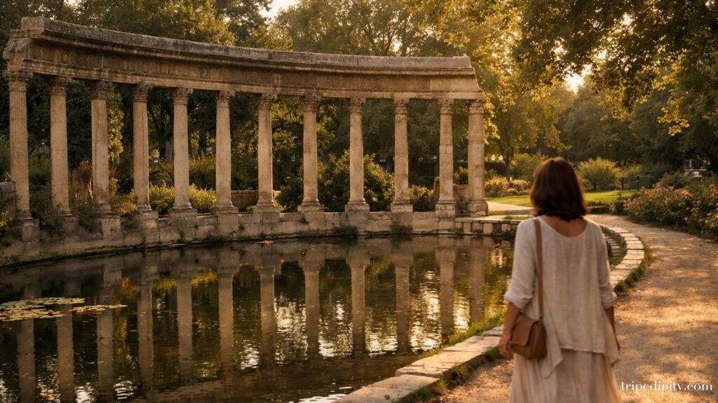 Temple de la Sibylle at Parc des Buttes-Chaumont reflected in a peaceful lake during golden hour, with a woman walking along the path in a romantic Paris garden.