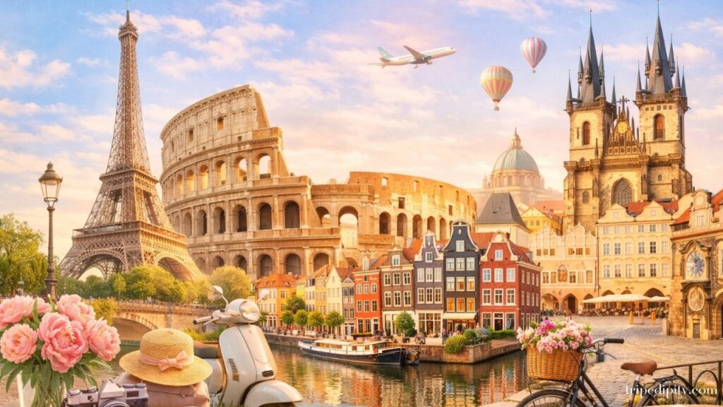 Collage of famous European landmarks including Eiffel Tower, Colosseum, Prague Old Town and Amsterdam canals representing a Europe itinerary for first-time travelers.