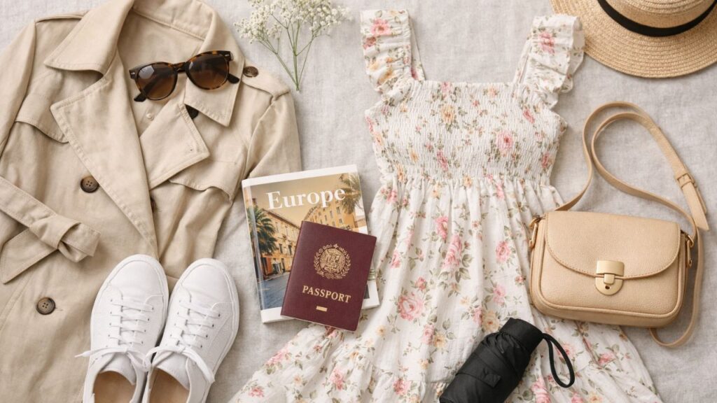 Spring travel packing flatlay with trench coat, floral dress, white sneakers, sunglasses, passport, Europe guidebook, crossbody bag, and umbrella.