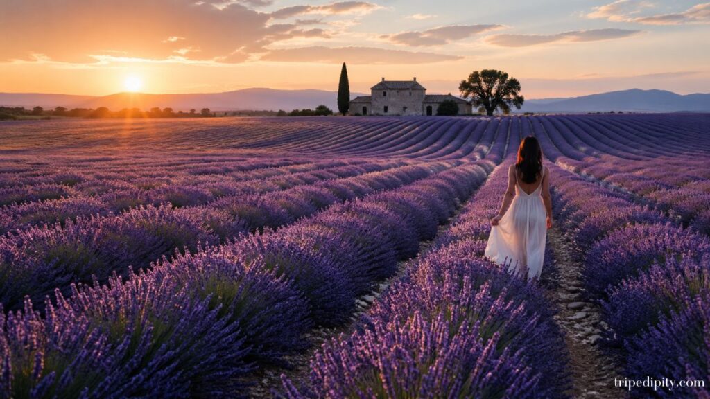 Lavender fields in Provence stretching toward a stone farmhouse at sunset with soft purple rows and romantic golden light.