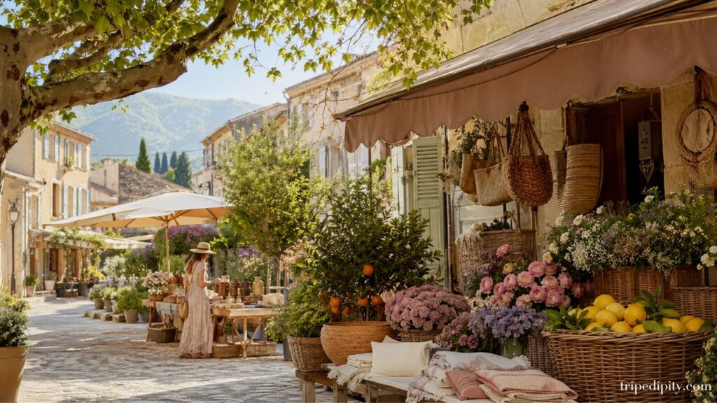 Flower market in Provence in spring with pastel blooms, awnings, and a soft romantic color palette.