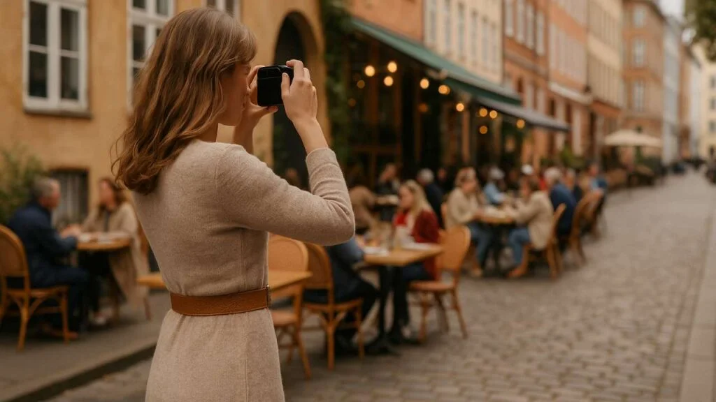 A woman taking photos with a compact travel camera at a European street café. Pinterest pin design with text overlay “Complete Guide – Best Travel Camera.”