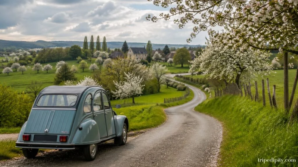 Scenic Normandy countryside road with vintage car and spring blossoms, capturing the soft road trip mood of a dreamy Normandy itinerary for 3 to 5 days.
